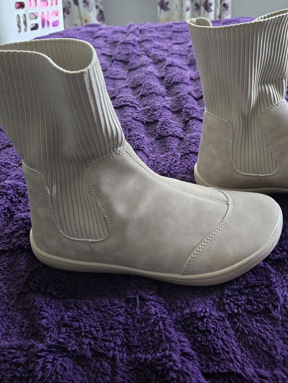 WHITIN Neutral Beige Suede Sock Ankle Boots - Picture 2 of 3